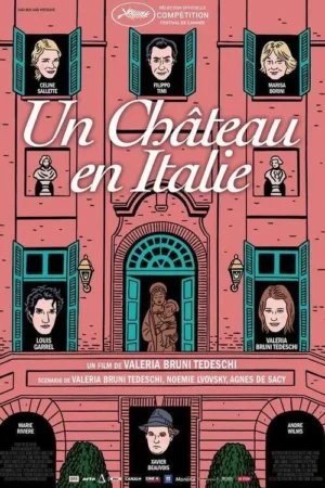 Pôster de filme: um castelo rosa cartoon com rostos e bustos em janelas e estátua na porta principal. Clima divertido e clássico.