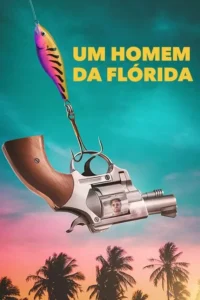 Revólver pendurado por anzol com isca de pesca contra céu tropical. Rosto de homem no tambor e palmeiras em silhueta ao pôr do sol.