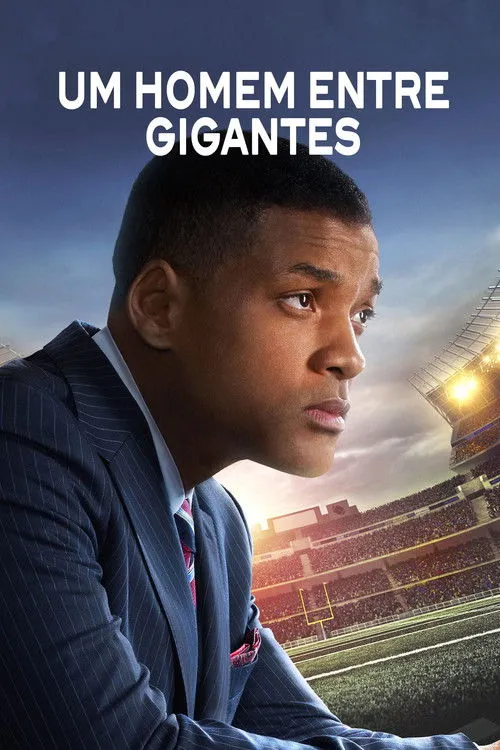 Um Homem Entre Gigantes 1 Homem de terno pinstripe olha pensativo para o lado. Ao fundo,um estádio de futebol americano iluminado em tons quentes.