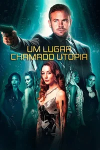 Homem com arma sobre cidade futurista. Abaixo,seis mulheres,uma delas com corpo cibernético e fios. Clima de ficção científica e mistério.