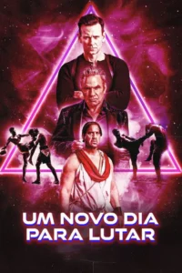 Três homens e lutadores em fundo cósmico roxo com triângulo neon rosa. Clima de ação e mistério.