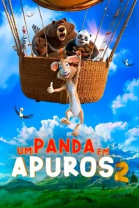 Coelho pendurado no balão,com urso,panda e outros animais a bordo. Céu azul vibrante e montanhas verdes. Aventura animada.