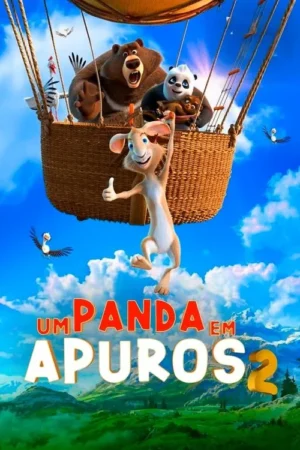 Coelho pendurado no balão, com urso, panda e outros animais a bordo. Céu azul vibrante e montanhas verdes. Aventura animada.