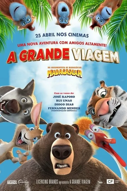 Grupo de animais animados como um urso assustado,coelho feliz,tigre e macacos pendurados,em um pôster vibrante de aventura.
