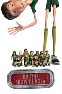 Jovem animado sorridente olha para um time de futebol em miniatura,feito de bonecos. Fundo branco,clima de aventura e diversão.