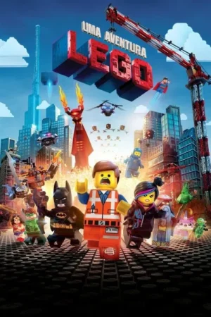 Pôster vibrante de figuras Lego. Emmet, Batman e heróis diversos em uma cidade agitada com arranha-céus e veículos voadores. Ação e aventura.