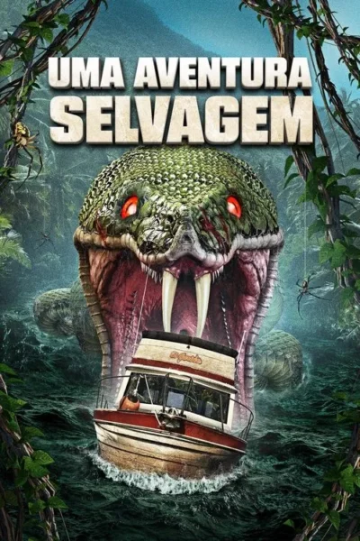Pôster de filme: Uma cobra gigante de olhos vermelhos e boca aberta ameaça um pequeno barco em um rio turbulento na selva.