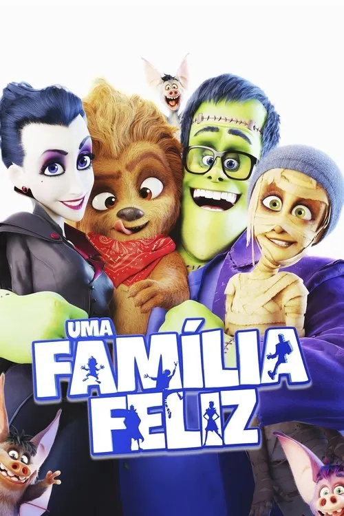Pôster de animação: Vampira, lobisomem, monstro de Frankenstein e múmia sorridentes, com morcegos. Fundo branco, clima alegre.