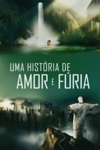 Pôster com casal romântico em cachoeira tropical e o Cristo Redentor sobre uma cidade futurista sombria.