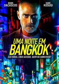 Pôster com homem de barba e olhar intenso em destaque,iluminado por luzes neon de uma cidade noturna vibrante e perigosa.