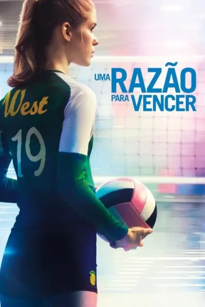 Jovem mulher em uniforme de vôlei verde e branco, segurando uma bola rosa e preta, em uma quadra esportiva colorida.