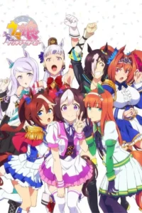Nove garotas anime com orelhas de cavalo e caudas,em trajes de corrida vibrantes,posam alegremente contra um fundo branco com confetes.