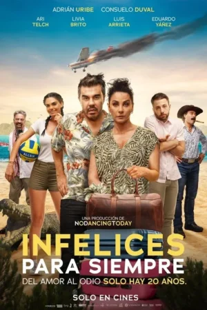 Seis pessoas na praia tropical, com avião fumegante no céu e crocodilo. Casal central sério e estressado, outros com expressões diversas. Clima caótico.