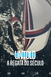 Pôster: um veleiro branco com listras vermelhas e azuis rasga águas escuras e agitadas. Imagem vibrante de esporte náutico e velocidade.