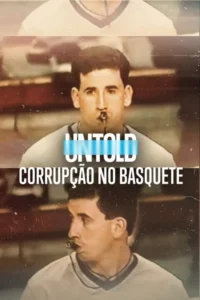 Pôster vintage com homem de uniforme esportivo e apito. Ele aparece em três recortes,olhando para frente e perfil,em fundo borrado de quadra.