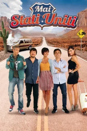 Cinco amigos sorridentes em uma estrada deserta. Um carro quebrado e cactos ao fundo. Clima de road trip cômica e aventura.