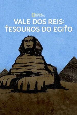 Ilustração da Grande Esfinge e duas pirâmides do Egito, em tons terrosos e azul. Evoca mistério e história antiga.