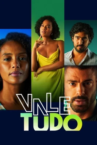 Pôster com 4 fotos de close-up: duas mulheres e dois homens. Fundos em blocos de cores contrastantes, azul e verde, e tons escuros. Clima intenso.