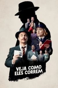 Pôster retrô:detetive bigodudo e policial loira em primeiro plano. Outros personagens dentro da silhueta de um homem de chapéu.