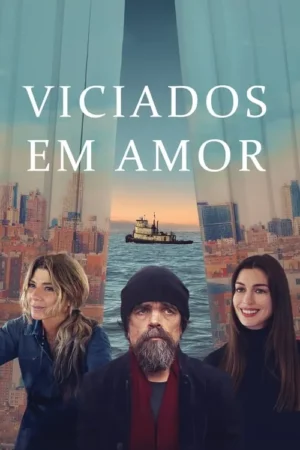 Três personagens: um homem barbudo no centro, flanqueado por duas mulheres. Fundo com cidades e um barco no mar ao pôr do sol.