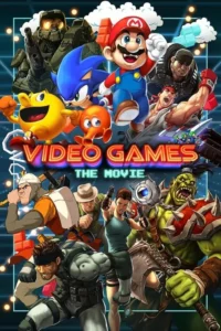 Pôster vibrante: dezenas de personagens icônicos de videogames em ação, sobre um fundo digital futurista. Cena energética e épica.
