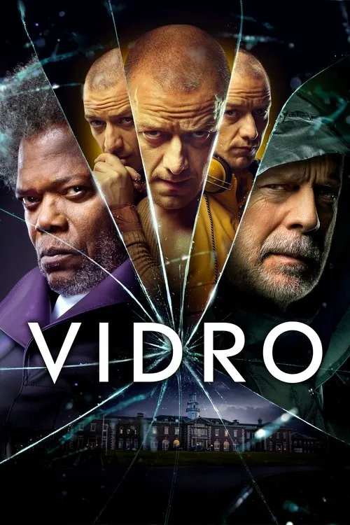 Vidro 1 Pôster:Três homens sérios,um com várias faces,outro de barba grisalha,divididos por um vidro quebrado. Abaixo,um prédio sombrio.