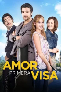 Quatro pessoas em um pôster de comédia:um homem de mariachi,outro de casaco,e duas mulheres sorrindo. Fundos de cidade moderna e Londres.