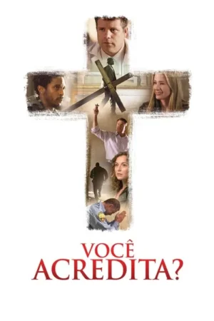 Montagem de cenas formando uma cruz: médico, pessoa carregando cruz, homem com crucifixo, pessoas orando e em aflição. Clima de fé e drama.