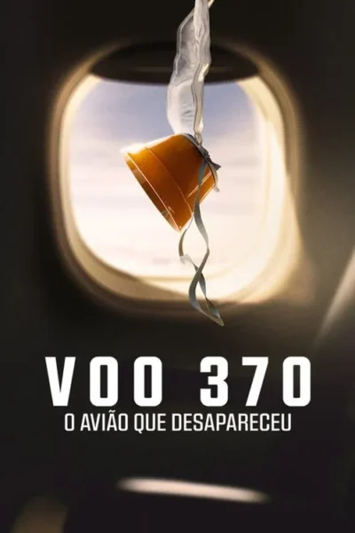 Máscara de oxigênio laranja pendurada em cabine escura de avião, com janela oval mostrando um céu claro. Clima de mistério e perigo.