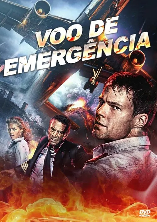 Vôo de Emergência 1 Três personagens aflitos em primeiro plano. Ao fundo,um avião em queda,explosões,um vulcão ativo e chamas intensas. Clima de desastre.
