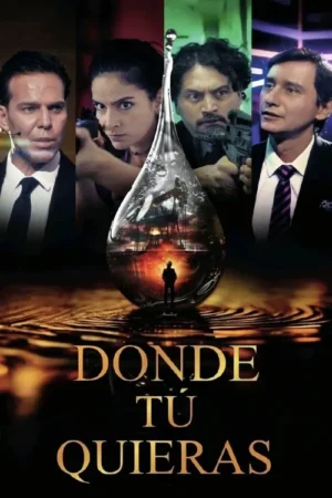 Quatro personagens (2 armados, 2 de terno) em destaque. Uma gota central reflete uma refinaria de petróleo e uma pessoa. Clima intenso e misterioso.