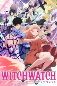 Pôster de anime vibrante com 5 jovens,incluindo uma garota de cabelo rosa fazendo um coração e um garoto com energia roxa. Fundo urbano mágico com estrelas e corvos.