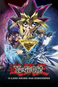 Três personagens de anime. Um com cabelo espetado,um com cartas mágicas,outro de branco. Fundo com hieróglifos. Clima misterioso.