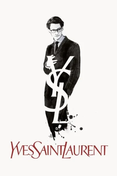 Ilustração P&B de um homem sério de óculos e terno. Um grande logo branco YSL se sobrepõe ao seu corpo. Fundo branco minimalista.