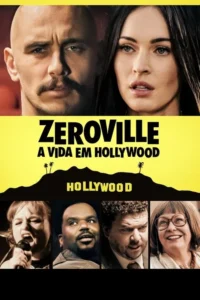Pôster:rosto sério de homem careca com bigode e mulher morena. Abaixo,horizonte de Hollywood e 4 personagens com expressões variadas.