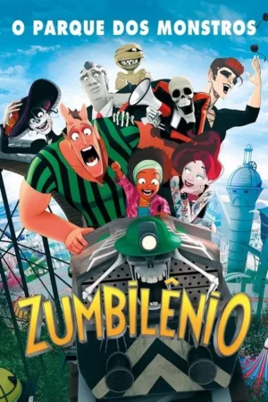 Pôster animado: diversos monstros e uma garota num parque de diversões, gritando de emoção em uma montanha-russa.