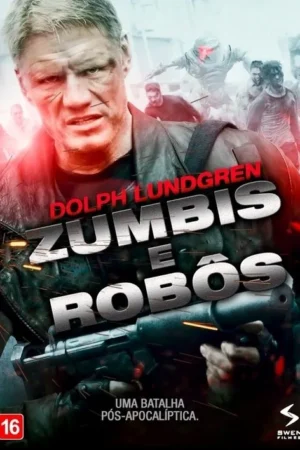 Homem sério e marcado com arma, contra zumbis e robôs num cenário pós-apocalíptico. Clima de ação e combate intenso.