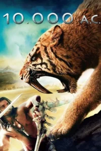 Um homem tribal empunha lança, confrontando um tigre dente-de-sabre gigante que ruge. Deserto, pirâmides e barcos antigos ao fundo.