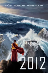 Monge em robes vermelhos e amarelos observa ondas gigantes engolindo montanhas nevadas e um templo. Cena de destruição épica.