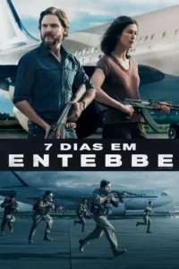 No alto,um homem barbudo e uma mulher seguram fuzis em um aeroporto. Abaixo,soldados correm em ação. Clima de suspense.
