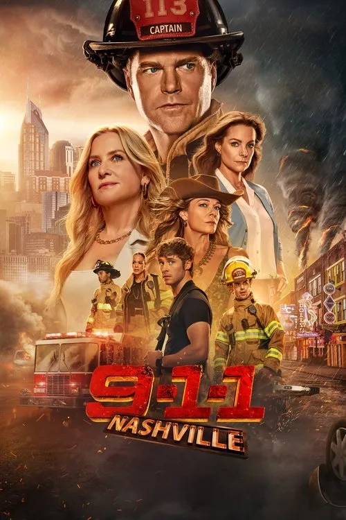 9-1-1:Nashville 1 Pôster:bombeiro-chefe no topo,elenco diverso abaixo. Cenário de cidade,com lado ensolarado e outro em chamas sob tempestade.