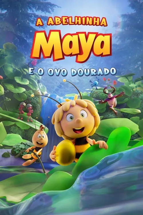 Pôster animado. Uma abelha sorridente segura um ovo dourado, com outro amigo abelha e insetos em uma floresta verde com cachoeira. Clima feliz e aventureiro.