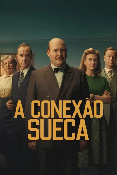 Pôster: Cinco pessoas sérias em trajes de época. Um homem careca de terno e gravata borboleta é o centro, à frente de uma parede verde.