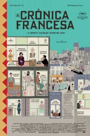 Pôster ilustrado: personagens peculiares em janelas de prédio e rua movimentada. Estilo detalhado e artístico, com toques de humor.