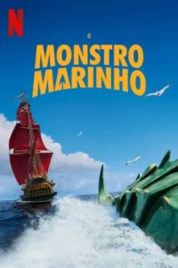 Um navio de velas vermelhas em mar agitado,com um gigantesco monstro marinho verde emergindo ao lado. Céu azul e gaivotas.