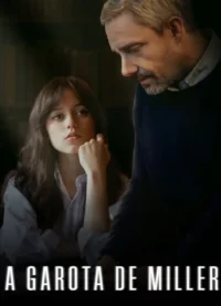 Jovem séria com a mão no queixo e homem barbudo olhando para ela,contra fundo escuro. Clima dramático e misterioso.