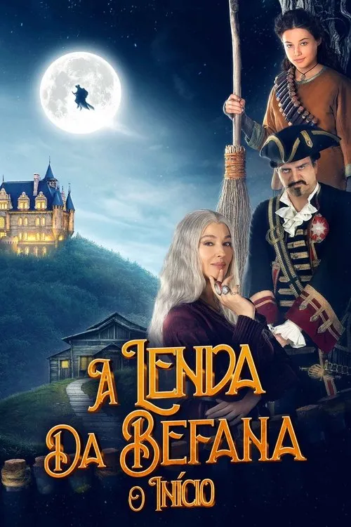 Pôster noturno: Jovem com vassoura, homem de chapéu e mulher de cabelos grisalhos. Castelo, casa e figura voando na lua cheia. Clima mágico de aventura.