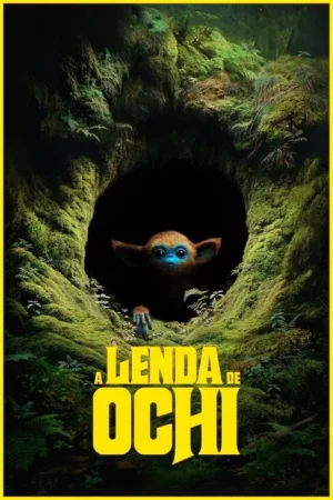 Pequena criatura peluda de rosto azul e olhos grandes espreita de uma caverna escura em floresta musgosa. Clima mágico e misterioso.