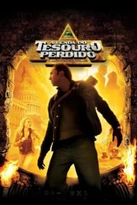 Pôster de aventura:Homem e mulher em fuga entre ruínas,fogo e o Capitólio dos EUA,sob um olho em pirâmide. Clima de mistério.