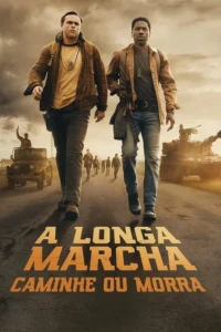 Dois homens sérios caminham por estrada. Atrás,um grupo,jipe militar e tanque,sob céu cinzento. Clima de sobrevivência.